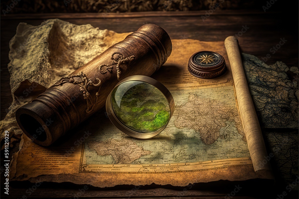 Ancient map, loupe and scroll on old wooden table, created with generative ai
