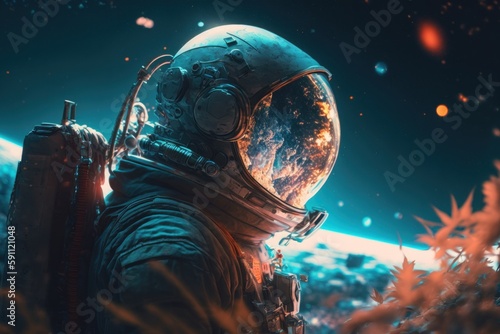 In the cosmos. Cosmonaut in space suit. Beautiful illustration picture. Generative AI