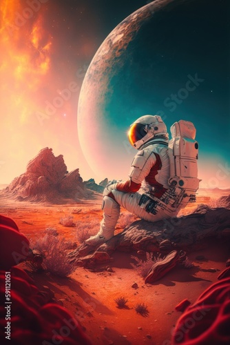 Beautiful view. Cosmonaut in space suit is discovering new places. Beautiful illustration picture. Generative AI © standret