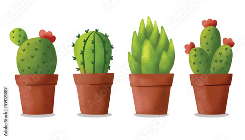 cactus in a pot illustration with grain effect flat botanical natural aesthetic element