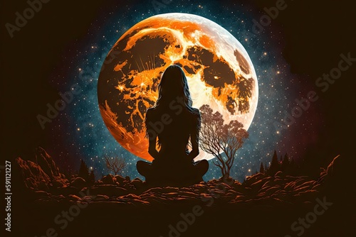 Back view of meditating woman at night on huge orange moon background, created with generative ai