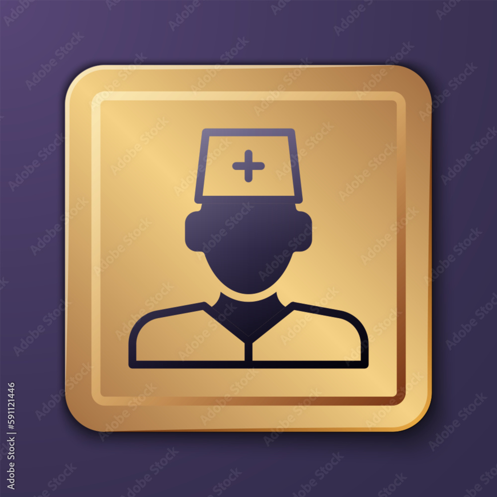Purple Male doctor icon isolated on purple background. Gold square button. Vector Purple Male doctor icon isolated on purple background. Gold square button. Vector