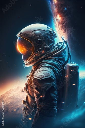 In the cosmos. Cosmonaut in space suit. Beautiful illustration picture. Generative AI