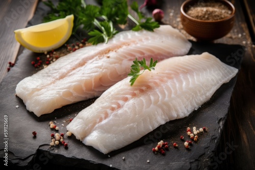 Delicious fillets of pollock fish with herbs, lemon, and pepper