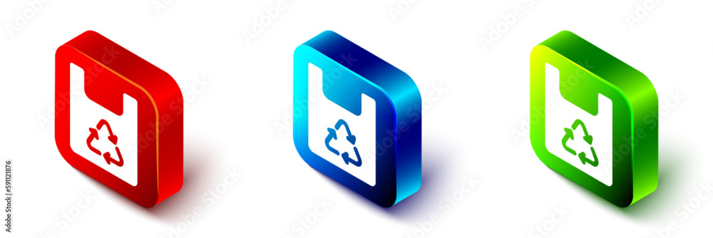 Isometric Paper shopping bag with recycle icon isolated on white background. Bag with recycling symbol. Red, blue and green square button. Vector Isometric Paper shopping bag with recycle icon isolated on white background. Bag with recycling symbol. Red, blue and green square button. Vector