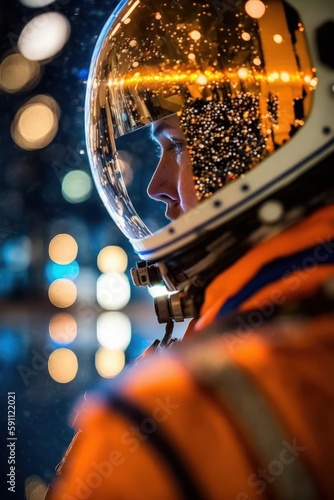 Beautiful starlight reflection on the glass of helmet. Cosmonaut in space suit. Beautiful illustration picture. Generative AI