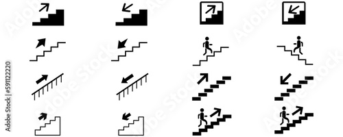Stairs climbing walking set, lift Airport escalator Elevator emergency exit man, man working, man going down stairs, leg walking, walking icon Vector sign on white background eps10