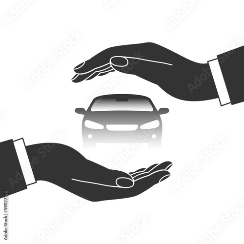 Protective gesture human hands around car. Symbol of protections car. Car insurance sign isolated on white background. Vector illustration