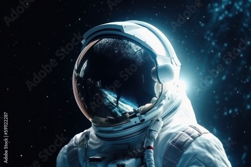 Close up view. Cosmonaut in the space suit. Beautiful illustration picture. Generative AI