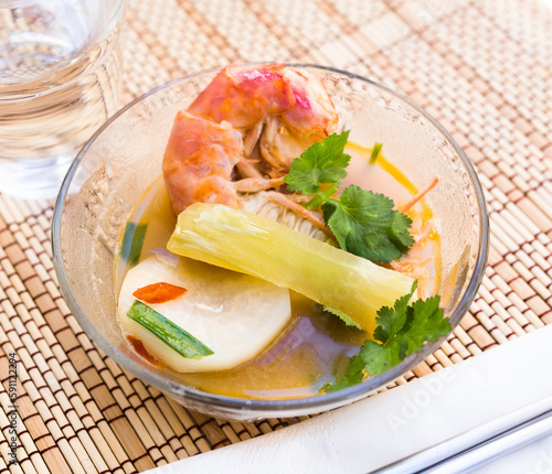 Thai soup with seafood and vegetables