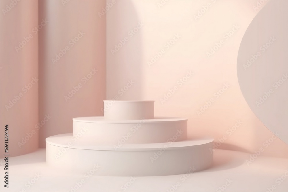 Obraz premium Three white product presentation podiums lined up. pink background. Generative AI