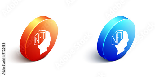 Isometric NFT Digital crypto art icon isolated on white background. Non fungible token. Orange and blue circle button. Vector
