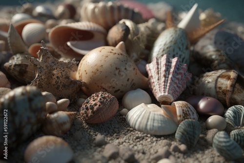 A collection of seashells and other beach finds, Generative AI © Silvanir