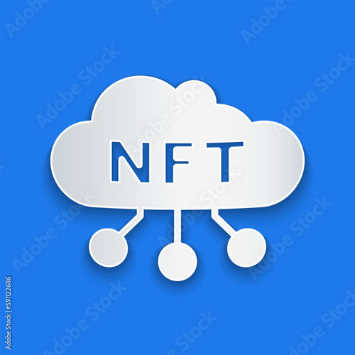 Paper cut NFT cloud icon isolated on blue background. Non fungible token. Digital crypto art concept. Paper art style. Vector