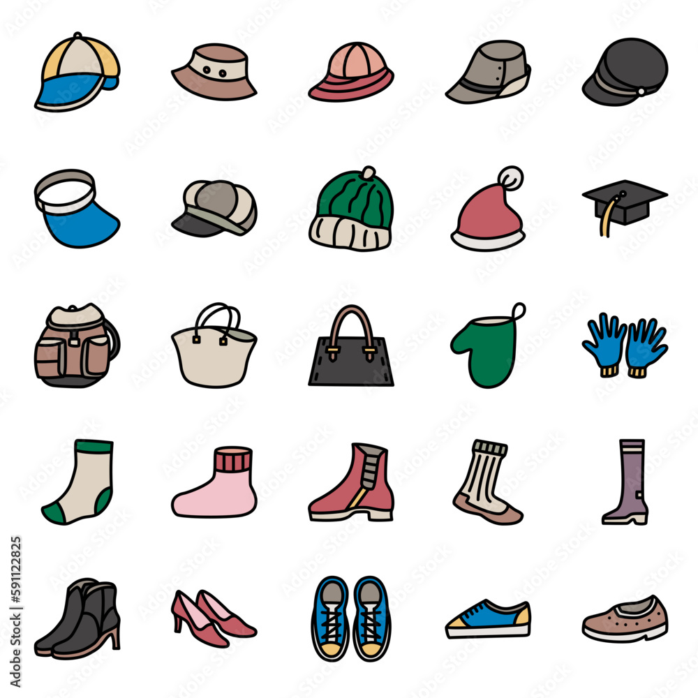Set of accessories flat icon. Hat and shoes.