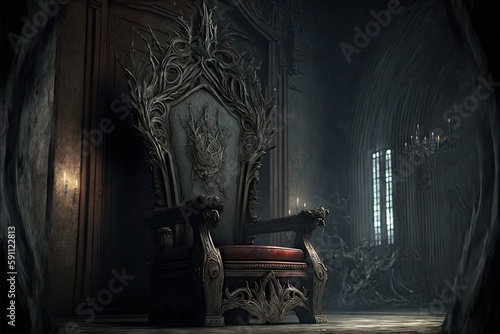 Ancient dark throne with ornament in old dark castle, created with generative ai