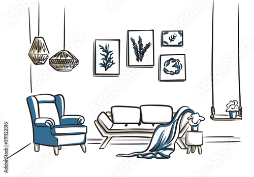 Vector Hand Drawn illustration of stylish modern interrior in blue colors  isolated on the white background. Armchair, sofa, paintings, chandeliers in boho style