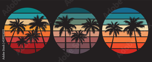 70s style striped sunsets retro background set collection. Abstract sunrise logos with palm trees. Vector illustration