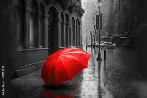 Bright red umbrella lying on greyscale city street in rain, created with generative ai