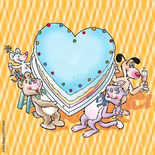 valentine greeting card with heart, mouse, bear, cat and dog