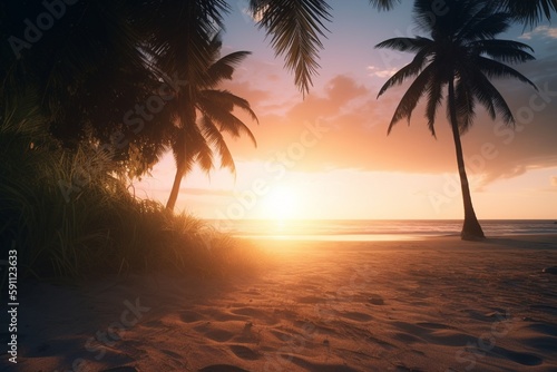 A peaceful beach with palm trees and a sunset, Generative AI