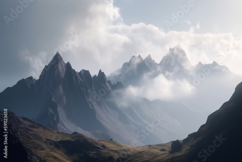 A mountain range with misty clouds  Generative AI