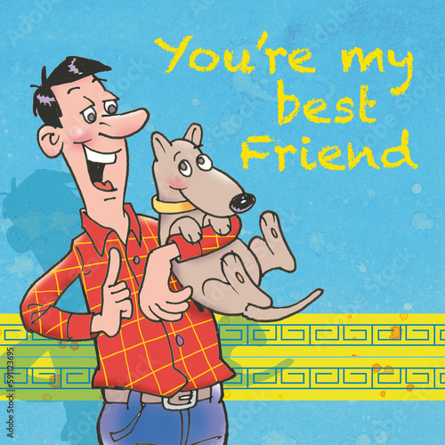 card design with cartoon dog and man