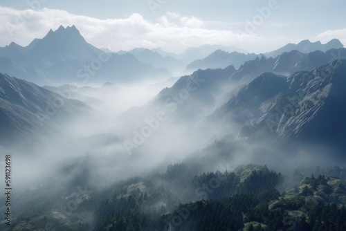 A mountain range with misty clouds  Generative AI