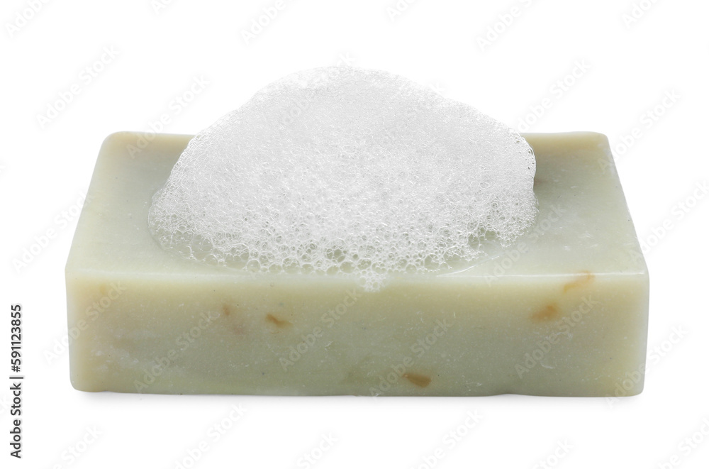 Soap bar with fluffy foam on white background Soap bar with fluffy foam on white background