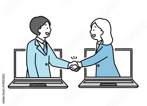 握手する会社員の男女のイラスト素材 ビジネス PC会議 オンライン