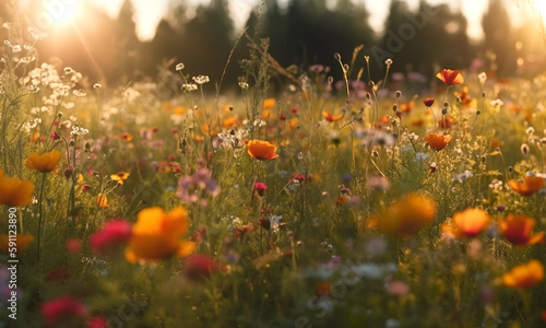 Fotografia Colorful flower meadow with sunbeams and bokeh lights in summer - nature backgro