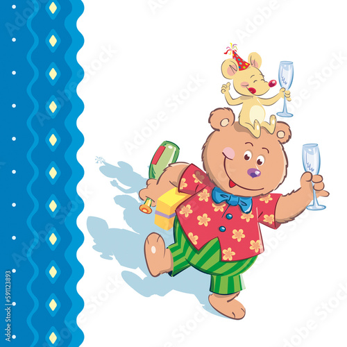 teddy bear with gift and a bottle of champagne with a mouse on its head