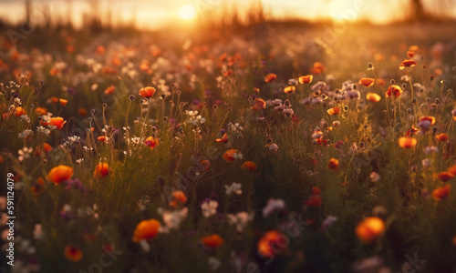 Fototapeta Naklejka Na Ścianę i Meble -  Colorful flower meadow with sunbeams and bokeh lights in summer - nature background banner with copy space - summer greeting card wildflowers spring concept