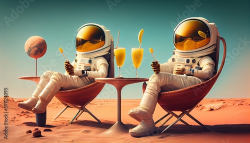 Print op canvas Astronaut explorers, couple resting on the planet mars, ground mountain landscape