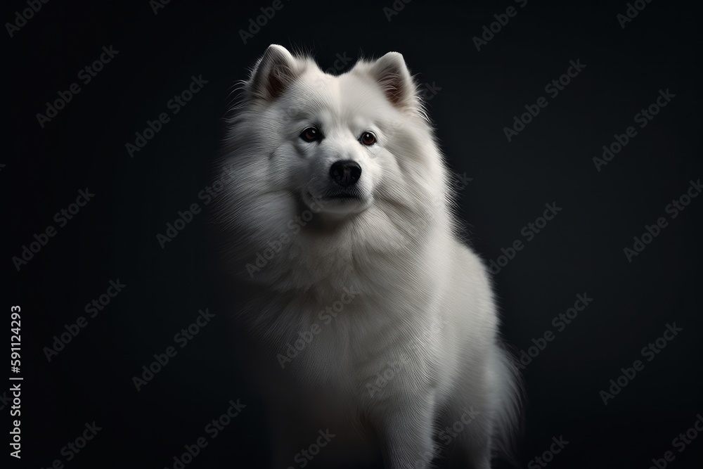 Fototapeta premium Illustration of a Japanese Spitz Dog against a dramatic black background created with Generative AI technology