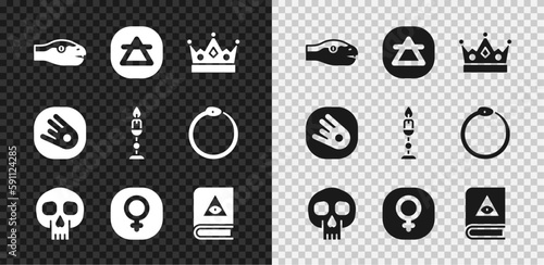Set Snake, Air element, King crown, Skull, Venus, Ancient magic book, Comet falling down fast and Burning candle icon. Vector