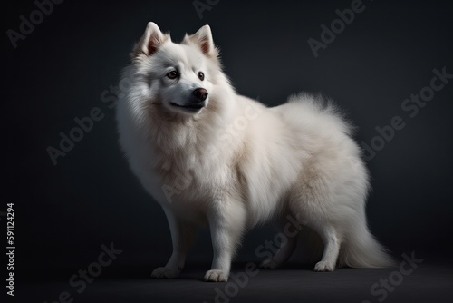 Illustration of a Japanese Spitz Dog against a dramatic black background created with Generative AI technology