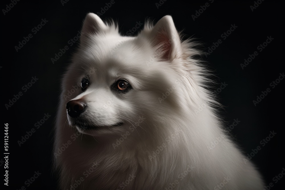 Illustration of a Japanese Spitz Dog against a dramatic black background created with Generative AI technology Illustration of a Japanese Spitz Dog against a dramatic black background created with Generative AI technology