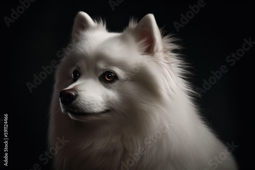 Illustration of a Japanese Spitz Dog against a dramatic black background created with Generative AI technology © AI Visual Vault