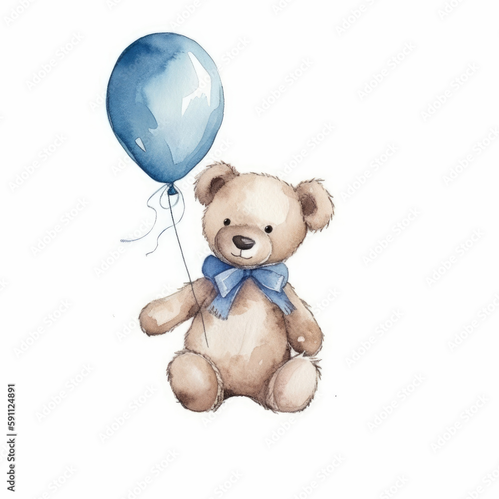 Watercolor Teddy Bear with blue balloons.Isolated on a white background.Generative AI Watercolor Teddy Bear with blue balloons.Isolated on a white background.Generative AI