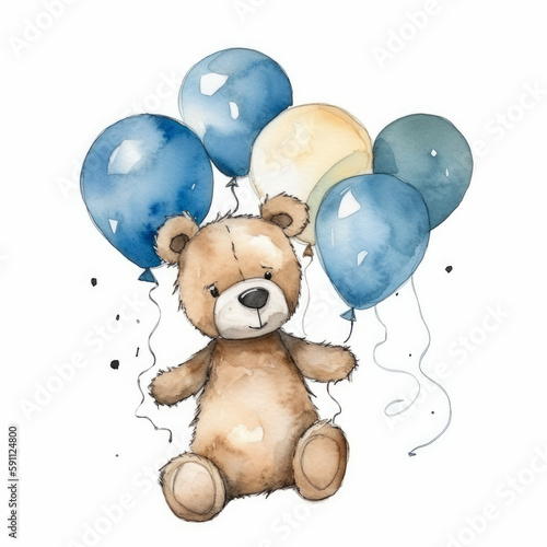 Watercolor Teddy Bear with blue balloons.Isolated on a white background.Generative AI