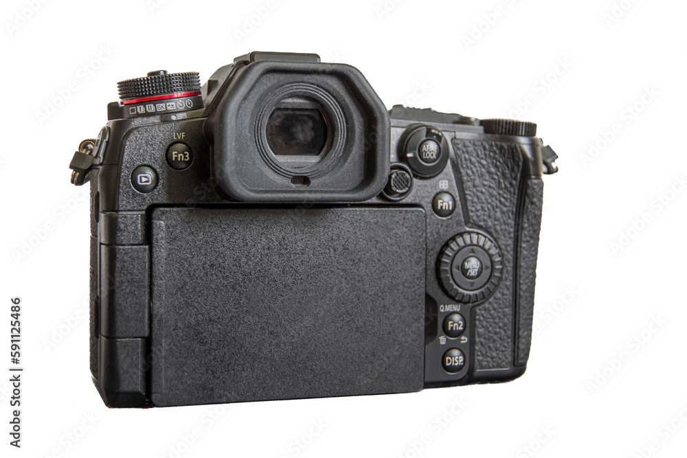 Japanese professional mirrorless digital camera in Micro Four Thirds format. Back view. Isolated on white background.