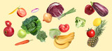 Many fresh vegetables and fruits falling on pale light yellow background
