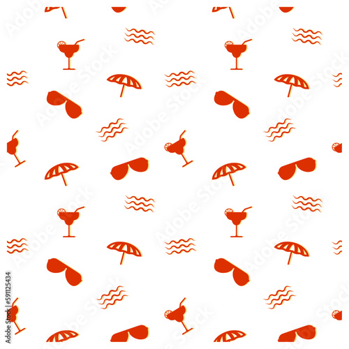 Summer seamless vector pattern with glasses, waves, cocktails, and parasols in orange and red color.