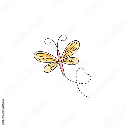 dragonfly cartoo charater with happy smiling face and heart trail illustration isolated on a transparent bakground