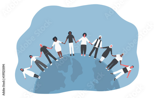 Multicultural group of people. Men and women stand on the globe. Earth Day Concept. Vector illustration