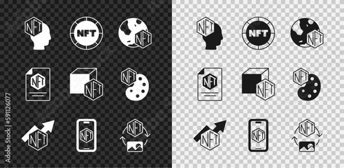 Set NFT Digital crypto art, growth bar chart, Mobile with store app, contract and icon. Vector