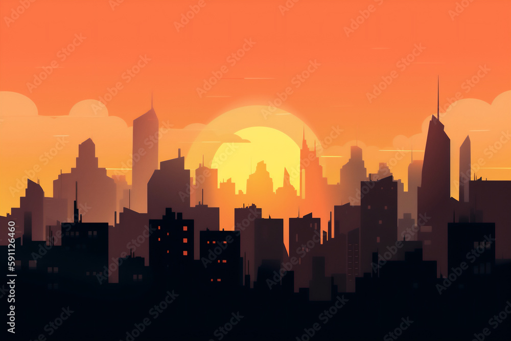 Generative AI illustration of a sunrise over the skyline to the modern city.