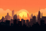 Generative AI illustration of a sunrise over the skyline to the modern city.