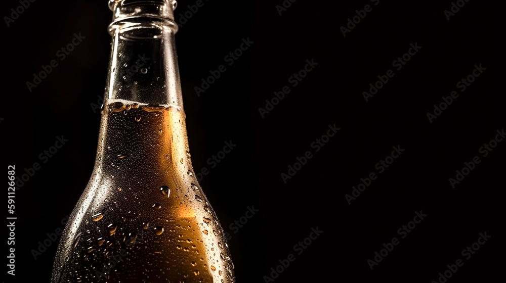 Bierflasche mit Wassertropfen auf schwarzem Hintergrund mit goldenen Farben, generative KI Bierflasche mit Wassertropfen auf schwarzem Hintergrund mit goldenen Farben, generative KI